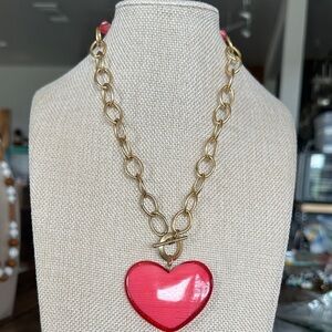 Gold Tone Chain Toggle Clasp Necklace with Red and Pink Heart Pendant